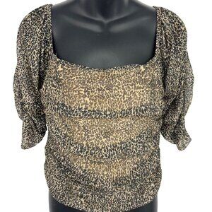Anthropologie Top Blouse Medium Animal Square Neck Puff Short Sleeve Ruched New